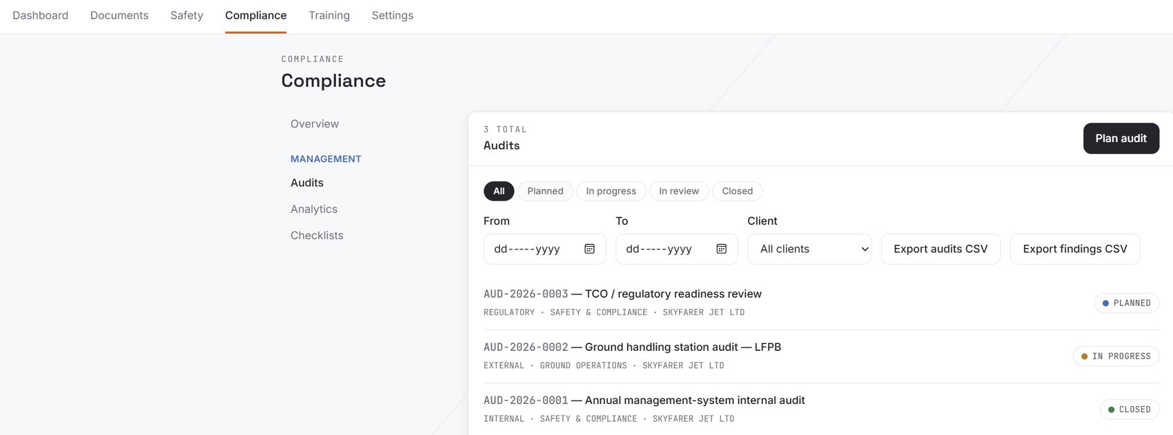 Palladium audit register showing planned, in progress and closed audits